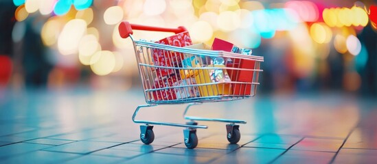 Wall Mural - Miniature shopping cart full of christmas gifts is standing in the mall during holidays season