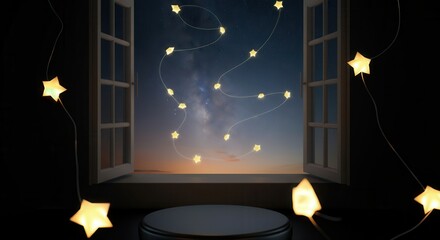 Wall Mural - magical starry night window with glowing lights
