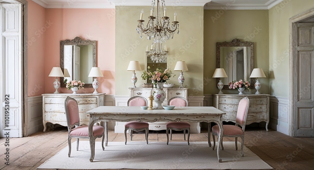 Picture of French Provincial spaces with distressed wood furniture and pastel ...