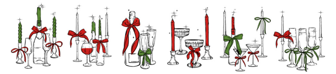 Wall Mural - Christmas eve candle set, traditional holiday table decoration, hand drawn vector wineglass, bow. Celebration New Year drinks, champagne bottle, vintage setting object, candleholder. Christmas candle