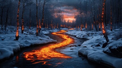 Wall Mural - Enchanting Frozen River Flowing Through Snowy Winter Forest at Dramatic Sunset