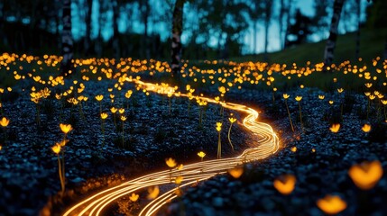 Wall Mural - Enchanting Bioluminescent Forest Trail Glowing in the Magical Twilight