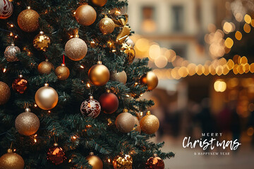 Wall Mural - Decorated Christmas tree with golden and red baubles