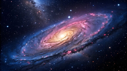 Wall Mural - A Spiral Galaxy's Radiant Dance Across the Cosmos, This stunning image captures the vast and mesmerizing beauty of a spiral galaxy set against a cosmic backdrop, with vibrant hues of pink, blue