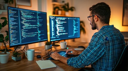 Focused programmer working on dual monitors, coding in a modern workspace with plants.