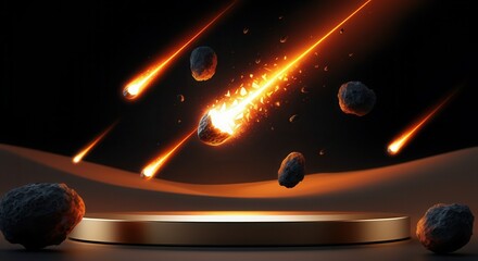 Wall Mural - Fiery meteor shower display on dark background with glowing podium
