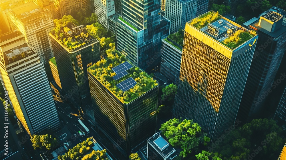 Net zero climate transition. Aerial view of urban buildings with green ...