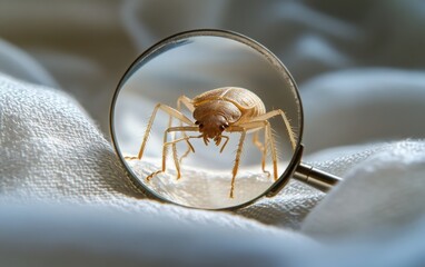 detailed close-up of a bed bug under a magnifying glass on white fabric, captured in macro photograp