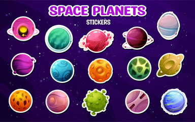 Wall Mural - cartoon alien space planets stickers. vector patches set of vibrant fantasy galaxy planets against a