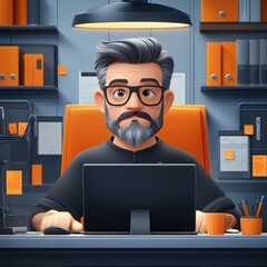 Wall Mural - A man is sitting at a desk with a computer and a cup