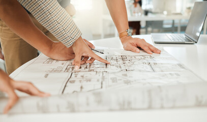 Poster - Employees, hands and blueprint for architecture project in office, collaboration and teamwork. Staff, floor plan and engineering draft for building structure in illustration, construction and paper