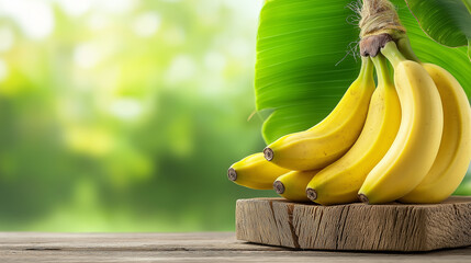 Poster - Fresh bananas on wooden table with green leaves in background