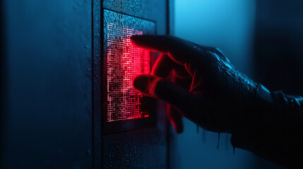Poster - Hand pressing glowing red button in dark, futuristic setting