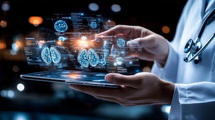 Poster - doctor using tablet to analyze brain scans with advanced technology
