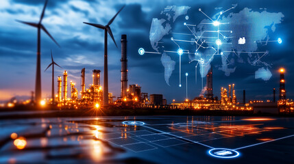 Poster - digital map showing renewable energy integration with wind turbines and factories
