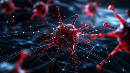Fototapete - Digital virus network with red virus particles and connections