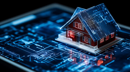 Poster - futuristic home model with smart technology on digital interface