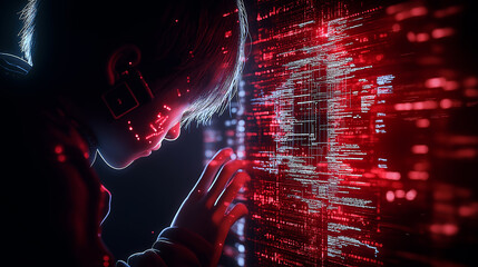 Poster - young person interacts with digital interface, surrounded by red data