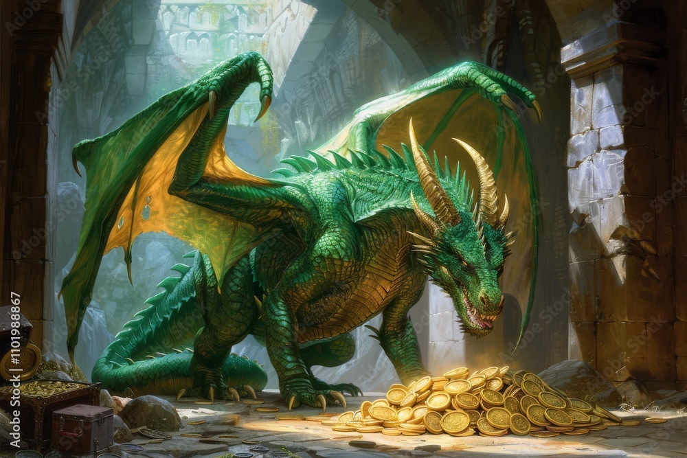 Majestic green dragon guarding a treasure hoard in an ancient cavern ...