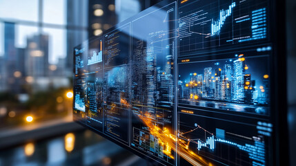 Leinwandbilder - modern office workspace with multiple screens displaying data visualizations and city views