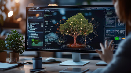 Fototapete - modern office workspace with multiple screens displaying data visualizations and tree graphic