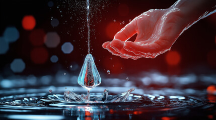 Aufkleber - hand reaches for droplet of water, creating ripples in serene scene