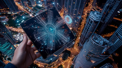 Poster - Smart grid system managing renewable energy in cityscape at night