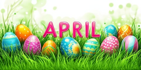  April Banner with Easter Eggs on Grass Background