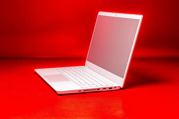 Modern laptop on vibrant red background showcases sleek design