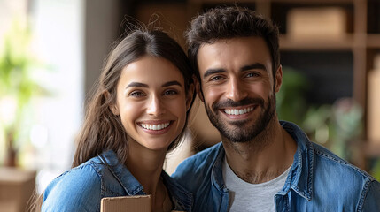 A smiling couple carrying boxes into their new home, with an emphasis on their happiness and the fresh start in their new property