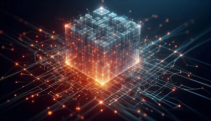 Poster - Digital cubes pulsating with energy intertwined in a dynamic and luminescent network embodying