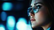 © nattapon98 - A close-up shot of a woman with glasses, focused and deep in thought, illuminated by soft blue lighting.