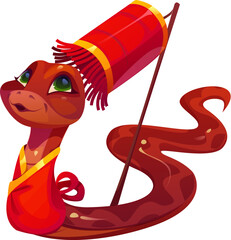 Canvas Print - Cartoon snake character holding a red festival lantern, symbolizing the Chinese lunar year, wealth and prosperity. Charming vector zodiac reptile animal conveys a festive and traditional atmosphere