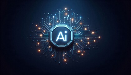 Poster - Futuristic Circuit Board With Glowing AI Symbol