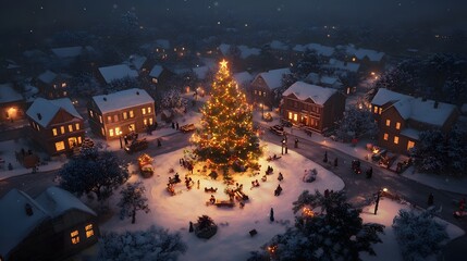 Aufkleber - An aerial scene capturing a serene neighborhood on Christmas Eve, with carolers gathered around a glowing tree and warm light spilling from living rooms into the snow-covered streets.