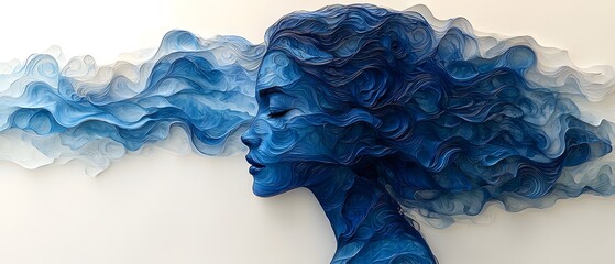 Poster - Intricate Paper Cutout Artwork of a Serene Female Face in Blue Tones, Capturing Fluid Waves and Textures for Artistic Inspiration and Modern Decor
