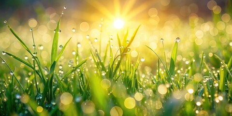 Wall Mural - Dew on grass with sunlight creating a serene nature scene, dew, grass, sunlight, bokeh, nature, serene, fresh, morning, dewdrops