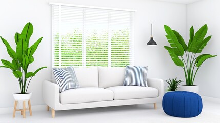 Wall Mural - A concept for plant enthusiasts: a contemporary minimalist living room featuring white and dark tones, parquet flooring, a sofa, and numerous houseplants, embodying an urban jungle interior design.