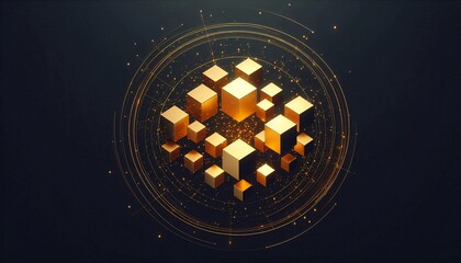 Aufkleber - Glowing golden cubes float in dark space