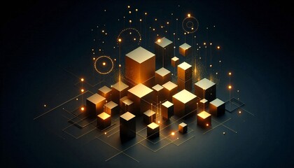 Aufkleber - Glowing golden cubes float in dark space