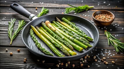 Wall Mural - Green asparagus cooked to perfection in a pan, drizzled with olive oil, and sprinkled with rosemary salt on a wooden black table