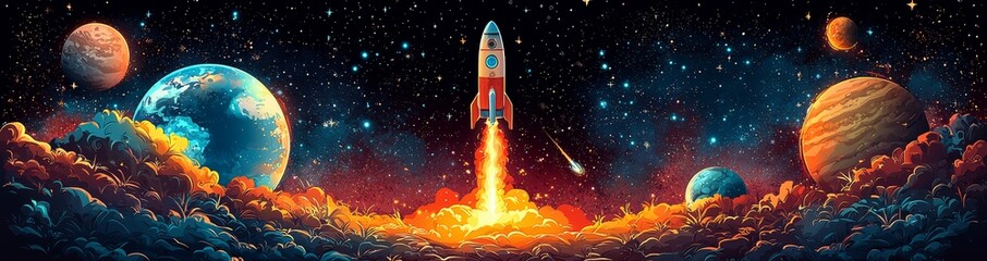Wall Mural - In this cartoon series, a charming young boy astronaut in a suit and helmet explores satellite objects while soaring and having fun in outer space.