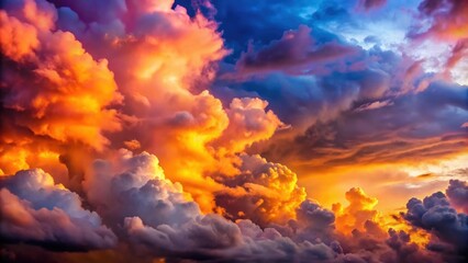Wall Mural - close up view of colorful dramatic cumulus fluffy clouds against a blue sky at sunset , clouds, cumu