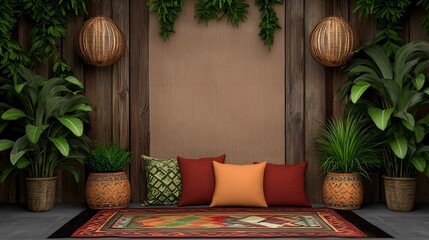 Sticker - A cozy, nature-inspired interior featuring earthy tones, cushions, plants, and woven decor, creating a relaxing ambiance.