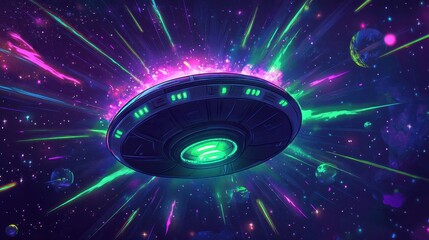 Wall Mural - Dynamic UFO with glowing neon lights and swirling cosmic rays
