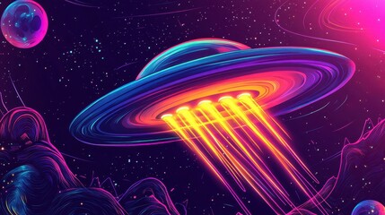 Wall Mural - UFO emitting vibrant neon lights over a cosmic landscape of glowing stars