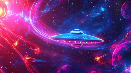 Wall Mural - Dynamic saucer with glowing lasers and swirling cosmic light effects