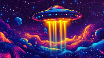 Wall Mural - Dynamic UFO with glowing neon beams amid vibrant swirling star textures