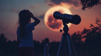 Young Girl Gazing at Moon with Telescope