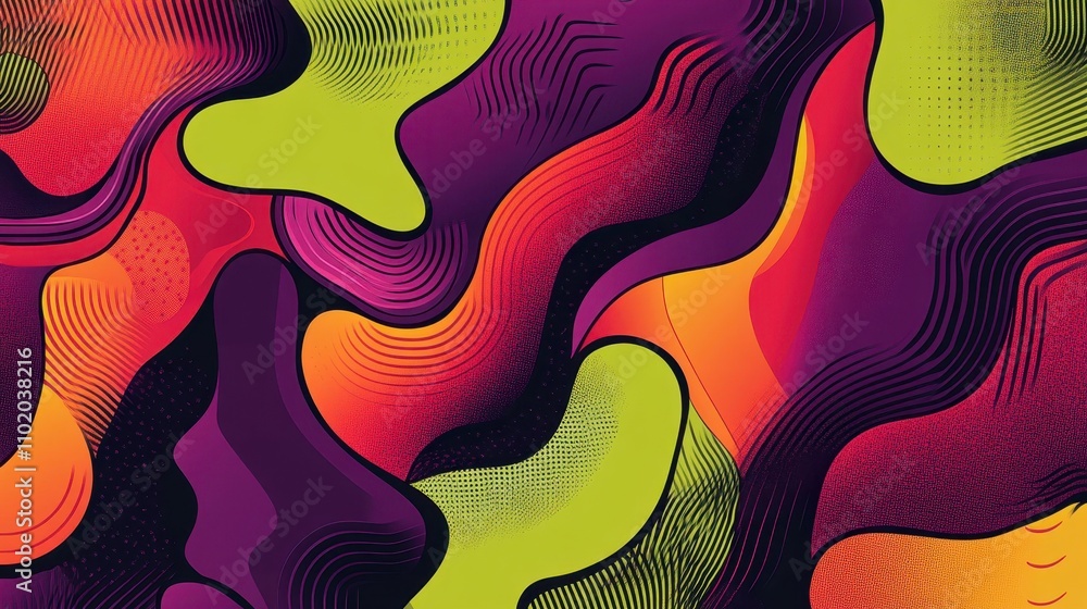 Dynamic 70s wallpaper with bold shapes and glowing liquid textures on a ...